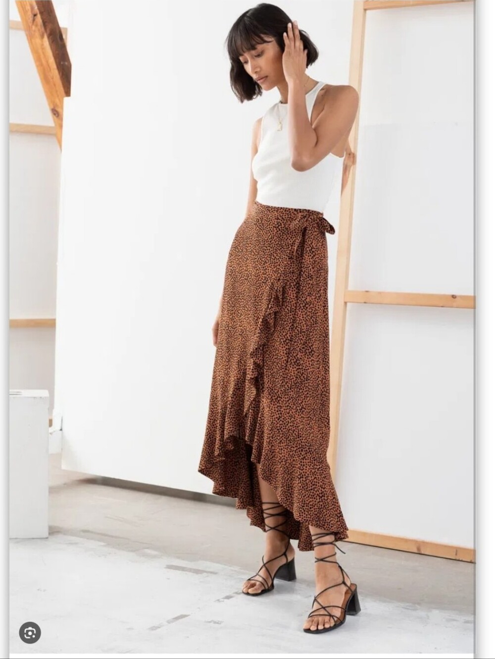 & Other Stories Brown Black Cheetah Animal Print Ruffle Wrap Long Skirt Size 4